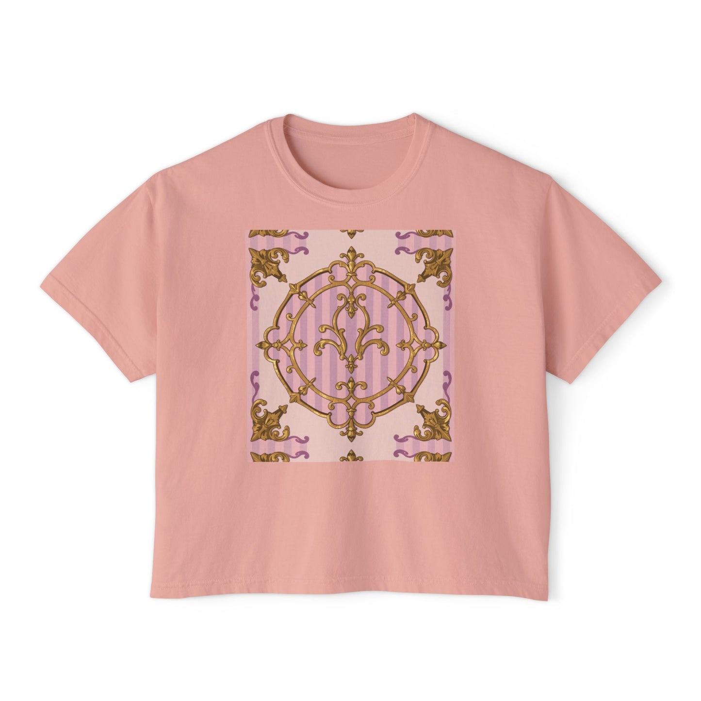 Chic Women's Boxy Tee with Elegant Lavender & Alabaster Striped Gold Baroque Design, Casual Top, Birthday Gift, Stylish Tee, Everyday Wear