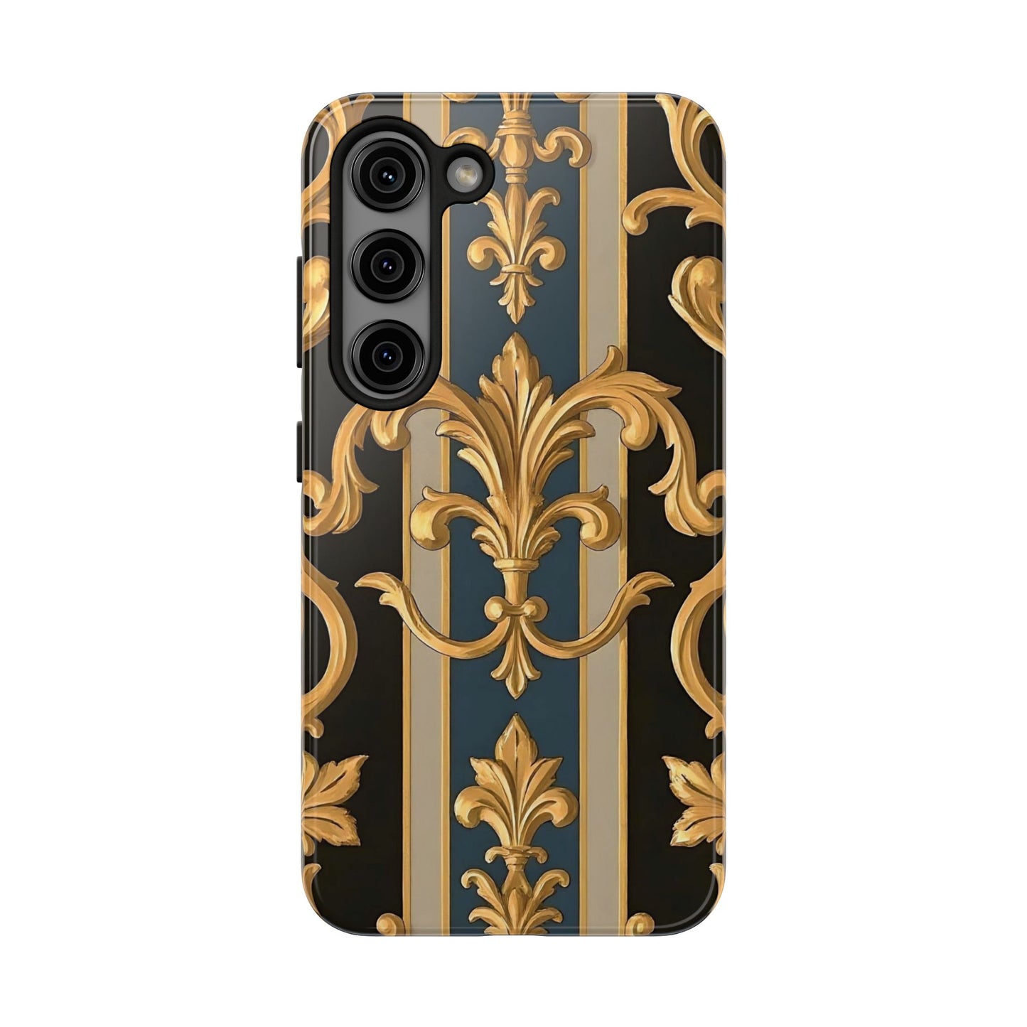 Elegant Rococo Phone Cases, Tough iPhone Case, Floral Design Case, Luxury Phone Cover - Blue & Black Striped Rococo