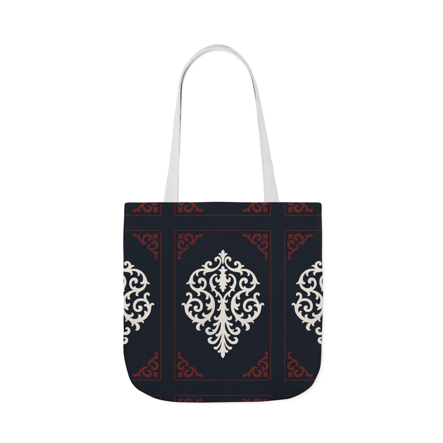 Dusk Blue-Maroon & White Baroque Pattern Canvas Tote Bag — Elegant Dusk Blue & White Reusable Market Bag