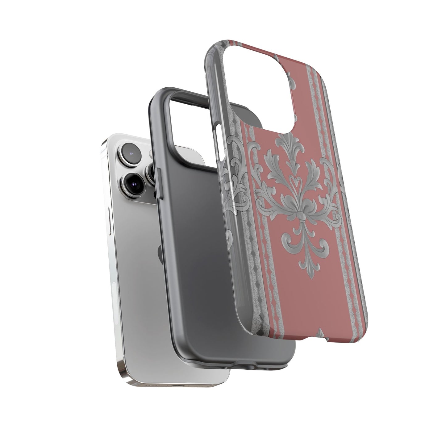 Elegant Floral Phone Case - Tough Cases for Stylish Protection - Gray & Mauve Striped Baroque