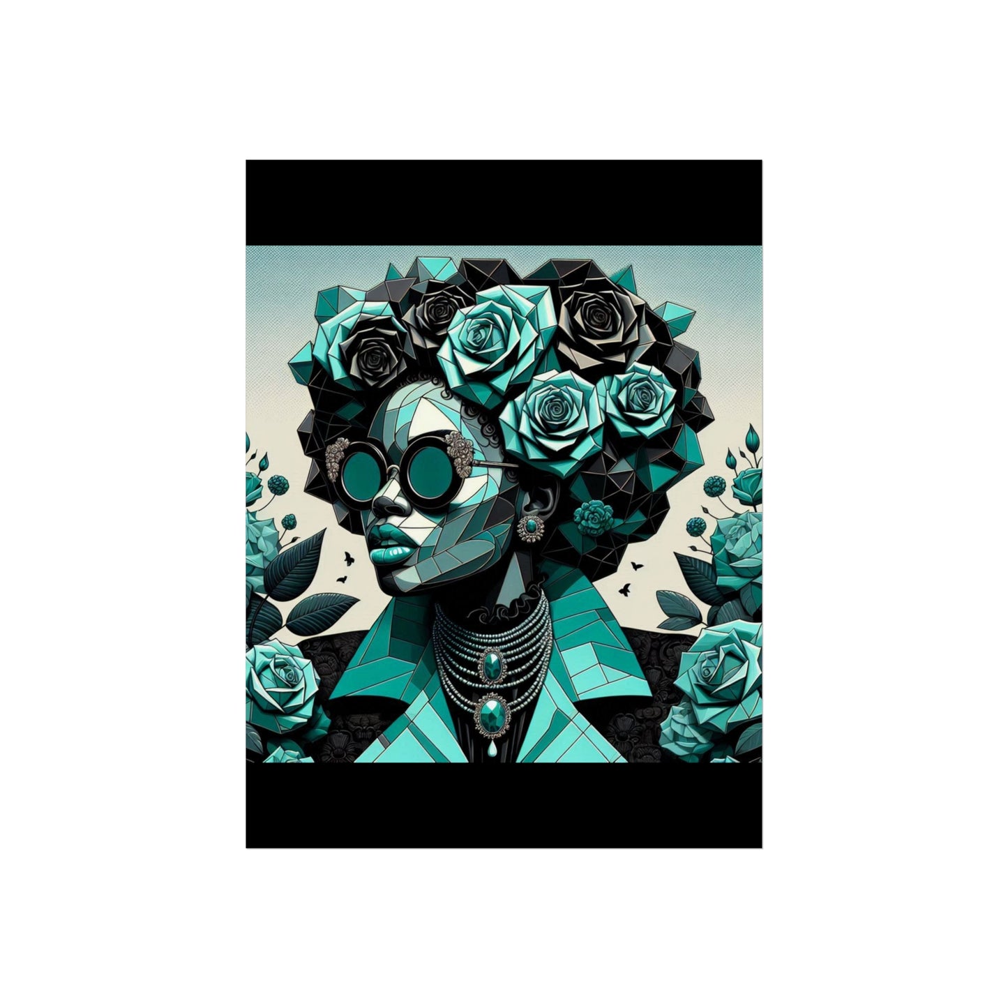 Chic Floral Fine Art Poster | Modern Wall Decor, Home Aesthetic, Gift for Art Lovers, Unique Room Makeover - Turquoise & Black Roses Lady