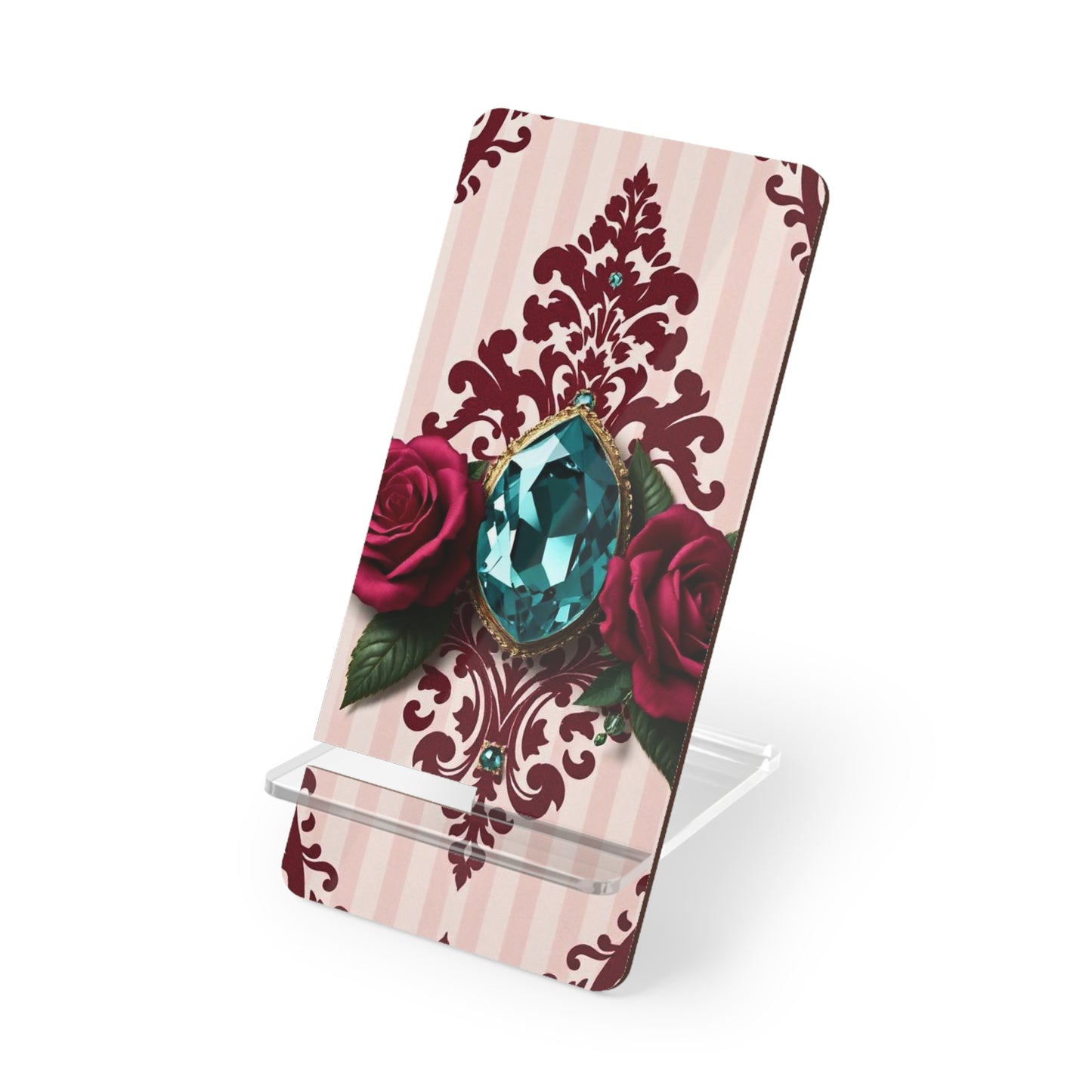 Elegant Floral Smartphone Display Stand - Striped Pink & Burgundy Damask - Decorative Mobile Holder
