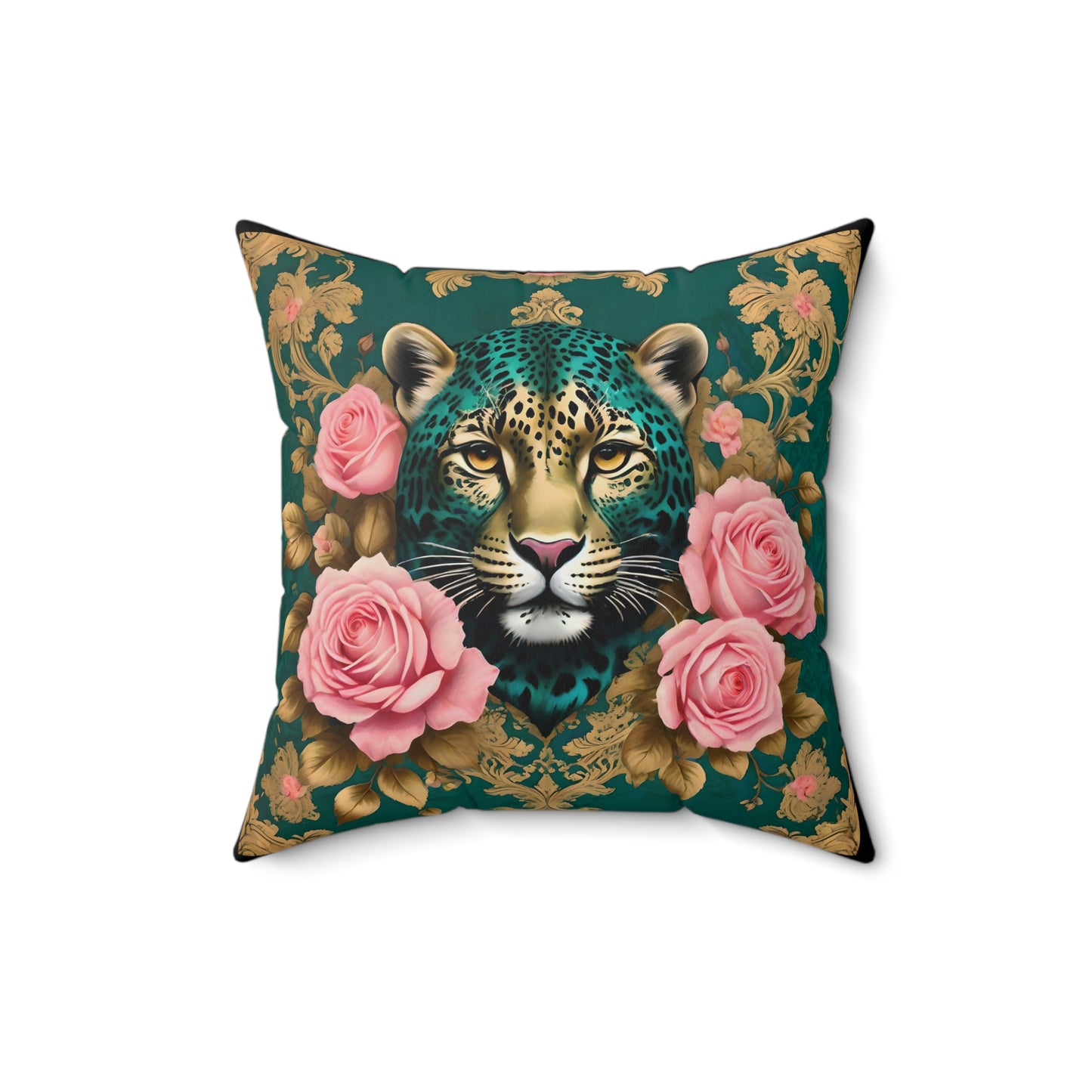 Elegant Luxe Faux Suede Pillow with Leopard and Roses Design - Teal Leopard