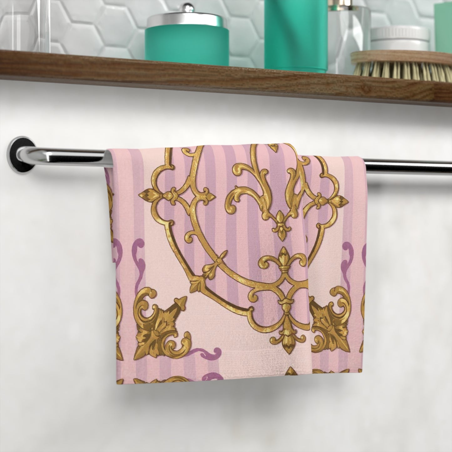 Elegant Lavender & Alabaster Striped Gold Baroque Face Towel for Home Spa, Luxury Decorative Towel, Bridal Shower Gift, Soft Cotton Hand Towel