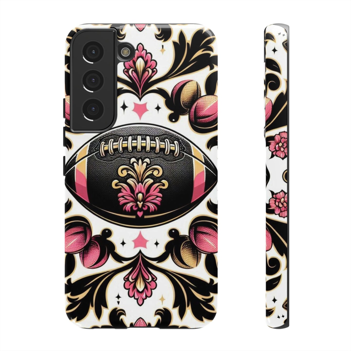 Elegant Floral Motif Phone Case - Tough Cases with Vintage Design - Damask White, Pink Gold & Black Football