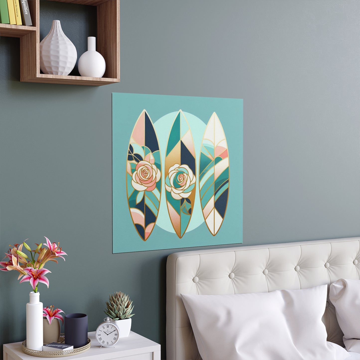 Elegant Floral Silk Poster - Indoor/Outdoor Wall Art for Home Decor - Blue, Pink & Aqua Surfboard & Roses