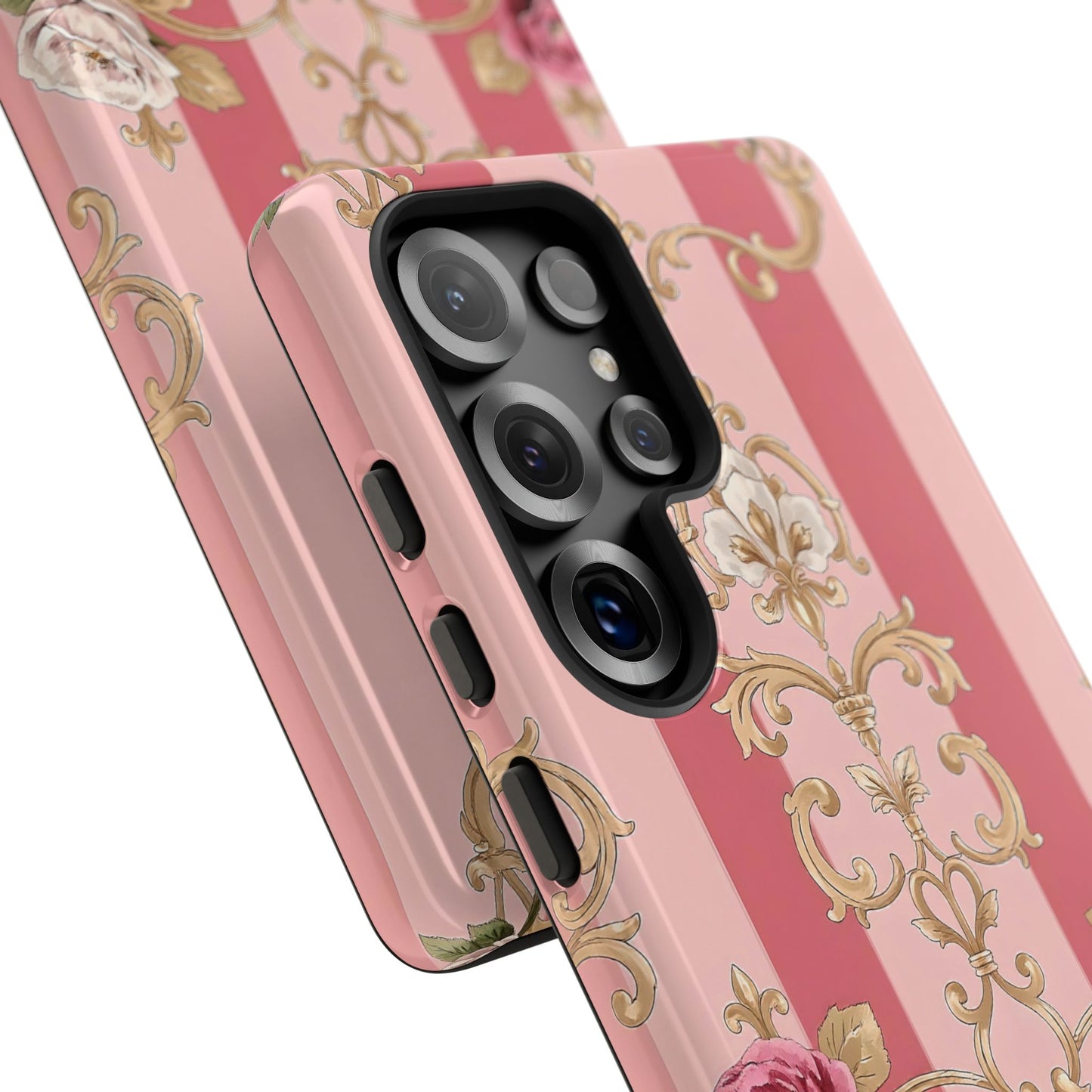 Elegant Floral Motif Phone Case - Tough Cases with Vintage Design - Pink Striped Roses & Damask