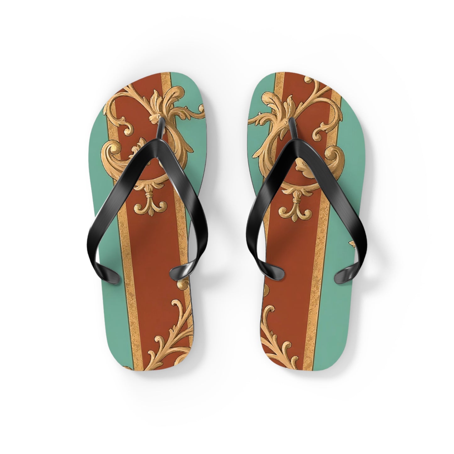 Elegant Vintage Flip Flops with Ornate Design - Perfect for Summer & Beach Getaways - Rust & Mint Aqua Striped Baroque
