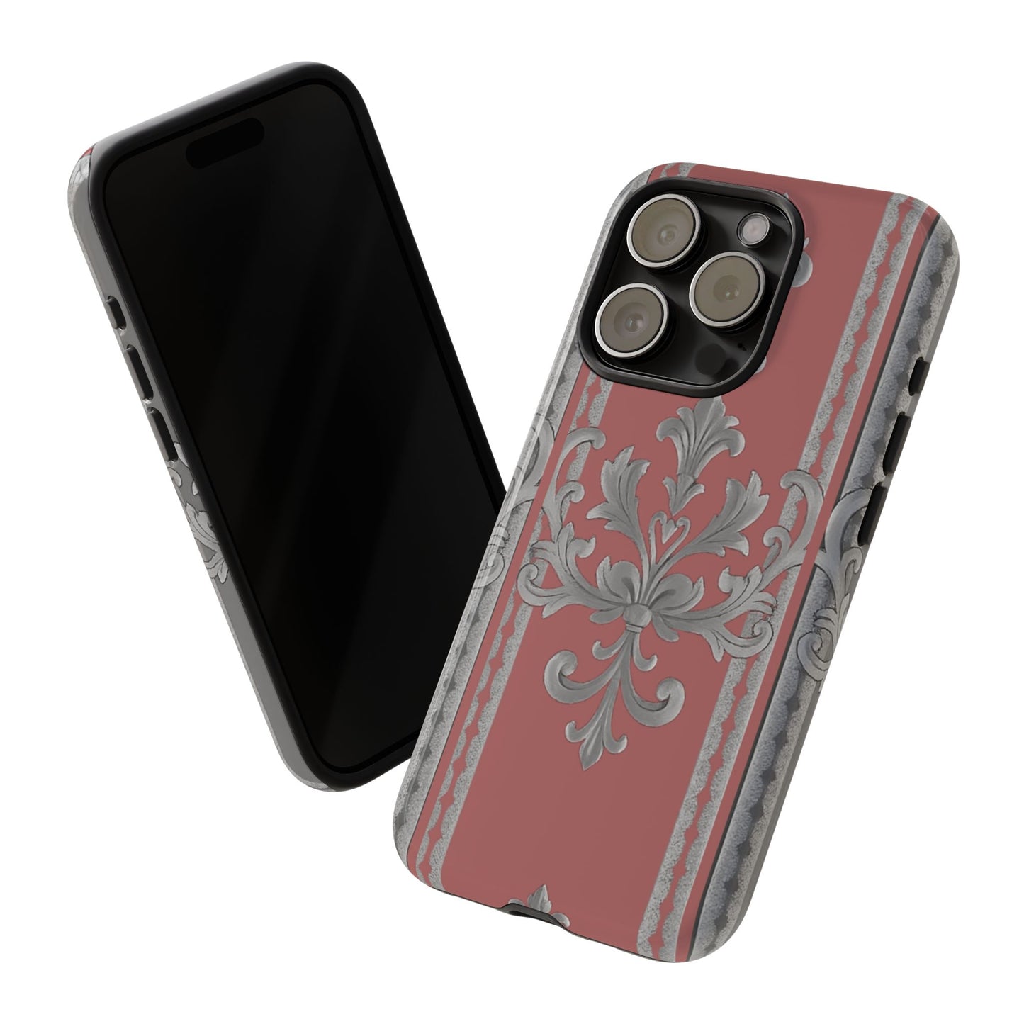 Elegant Floral Phone Case - Tough Cases for Stylish Protection - Gray & Mauve Striped Baroque
