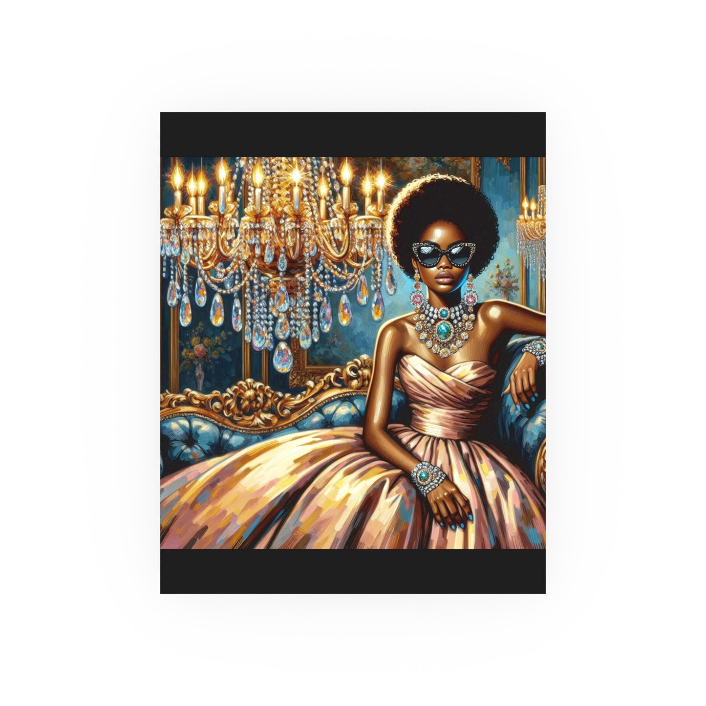 Elegant Glamour Satin Poster, Wall Art Decor, Modern Home Gallery, Gift for Art Lovers, Chic Interior Decoration - Elegant Lady & Chandelier