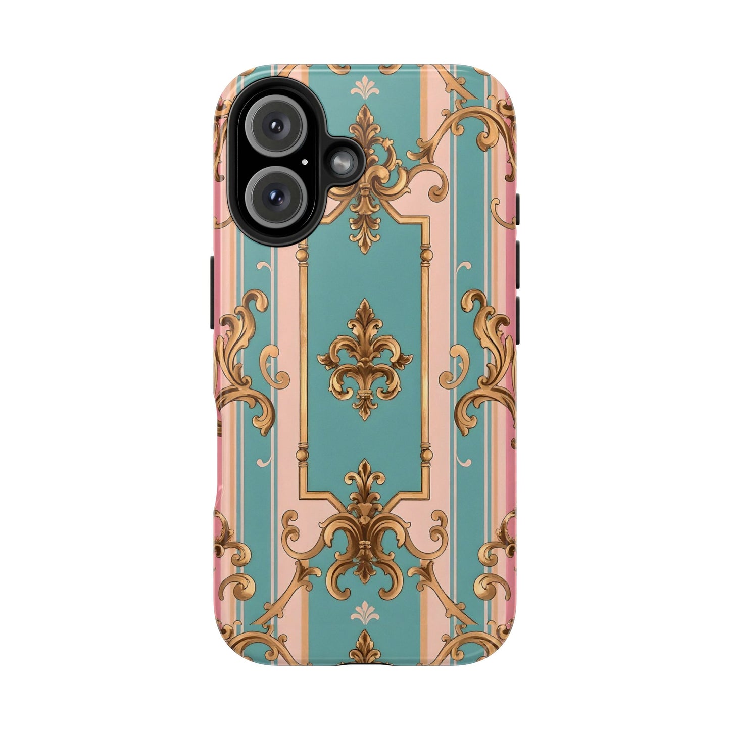 Elegant Floral Tough Phone Case, Artistic Phone Cover, Gift for Her, Chic Phone Accessory - Pink & Matte Turquoise Striped Rococo