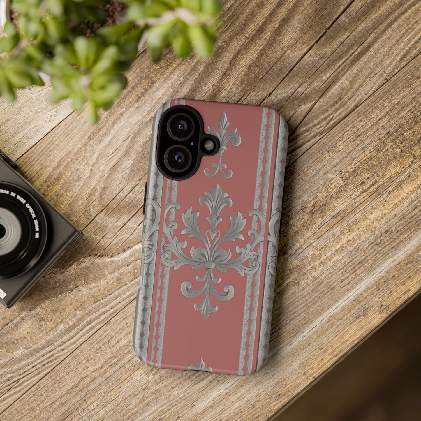 Elegant Floral Phone Case - Tough Cases for Stylish Protection - Gray & Mauve Striped Baroque