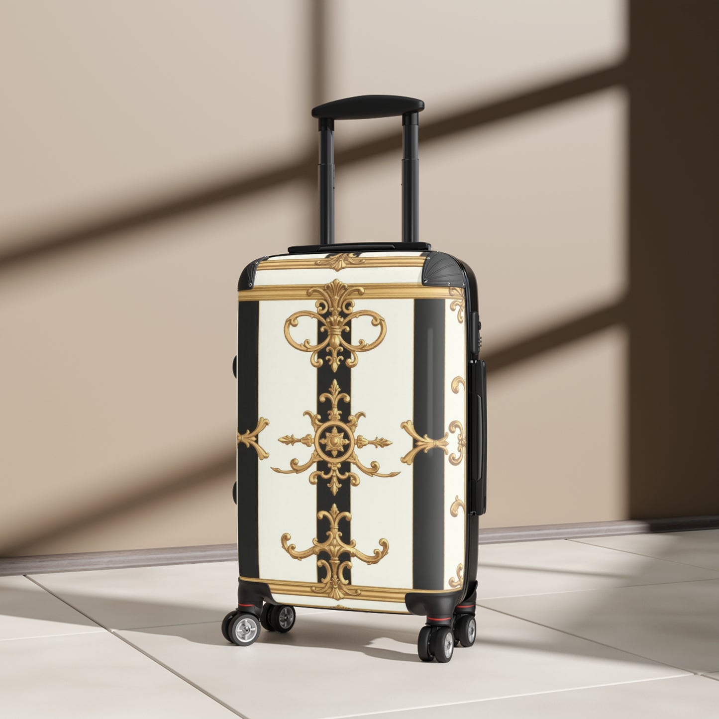 Elegant Black and Gold Travel Suitcase, Luxurious Luggage for Fashionable Travelers, Stylish Carry-On - Black & White Striped Gold Baroque