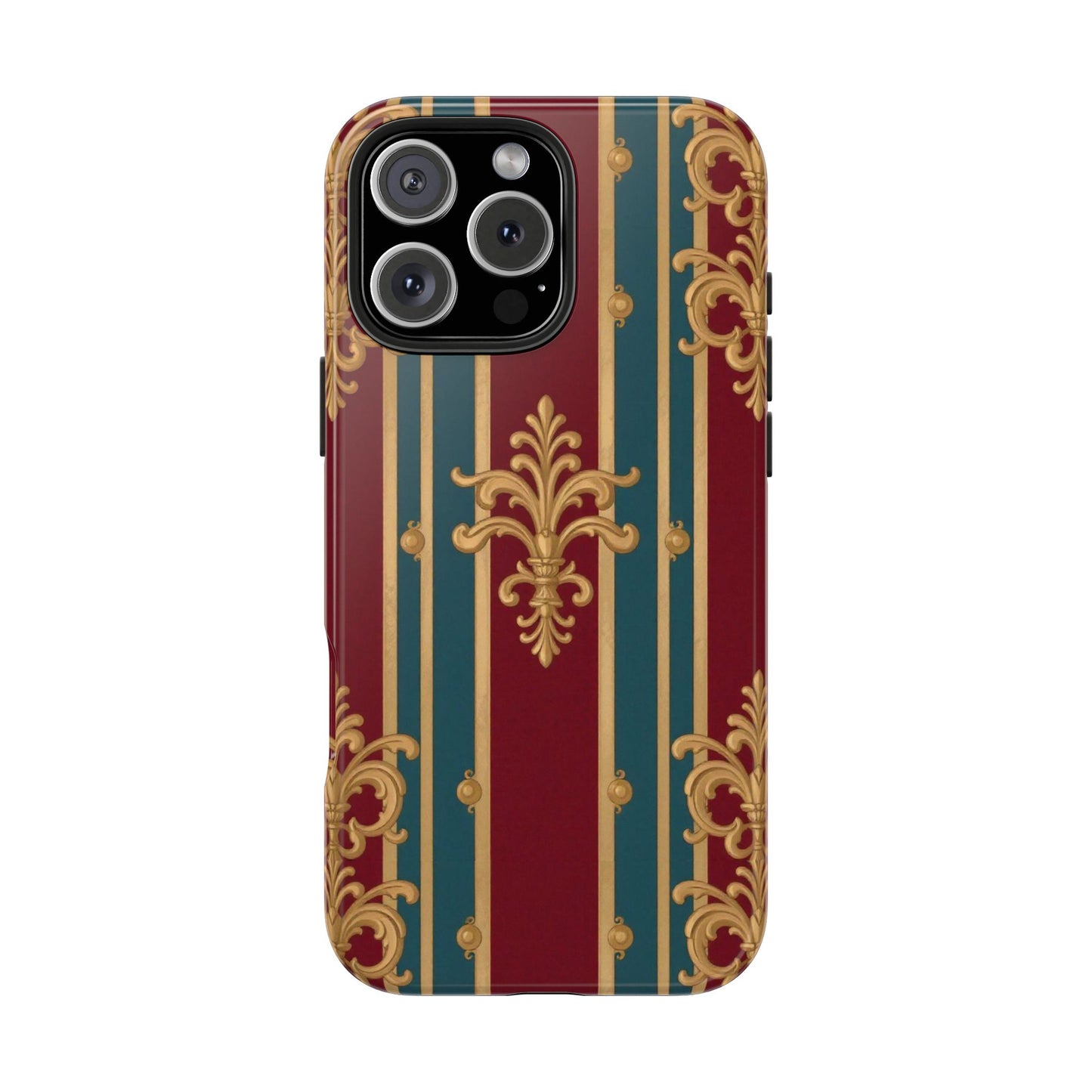 Elegant Vintage Tough Phone Case, Luxury Phone Protection, Stylish Phone Cover, Durable Phone Accessory - Burgundy Striped Gold Baroque
