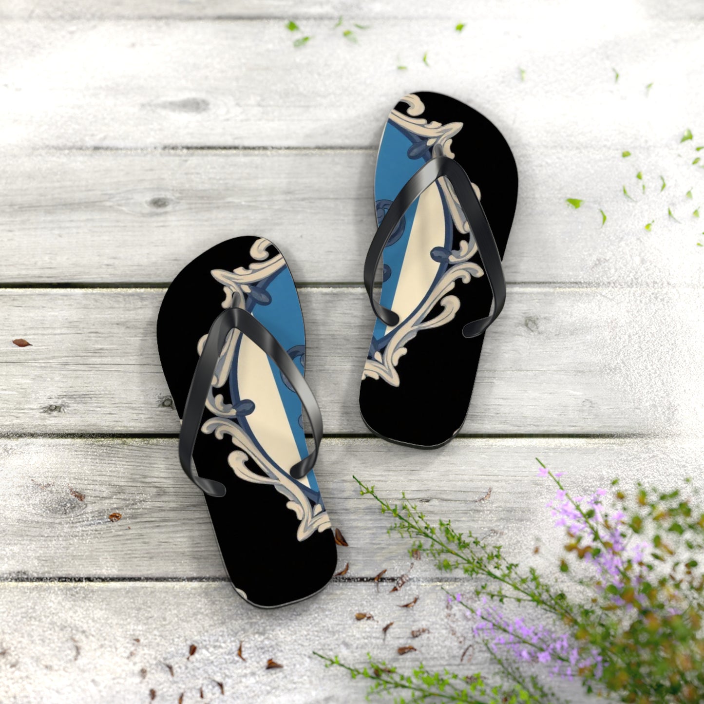 Stylish Blue & Alabaster Striped Baroque Beach Flip Flops, Summer Footwear, Vacation Sandals, Casual Footwear, Pool Party Essentials