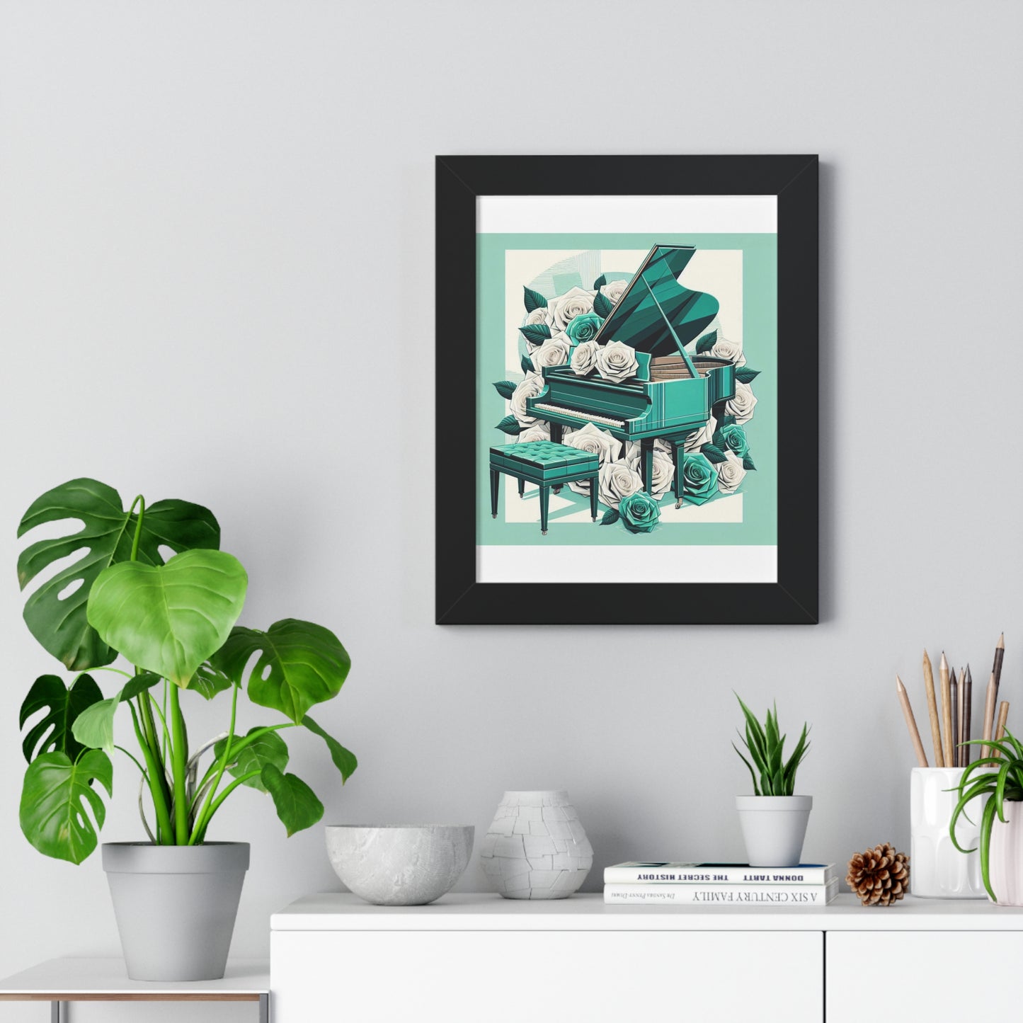 Vertical Poster - Aqua Grand Piano & Roses Wall Art