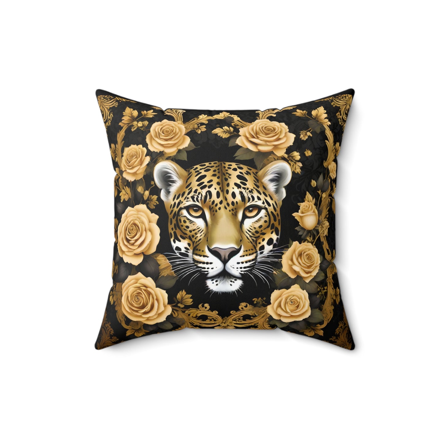 Luxurious Leopard & Roses Decorative Pillow - Gold Leopard