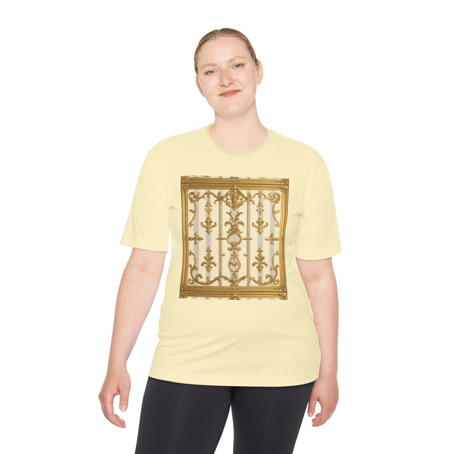 Elegant Gold Unisex Moisture Wicking Tee, Fashion Tee, Workout Shirt, Summer Style - Matte Gray & Cream Striped Gold Baroque