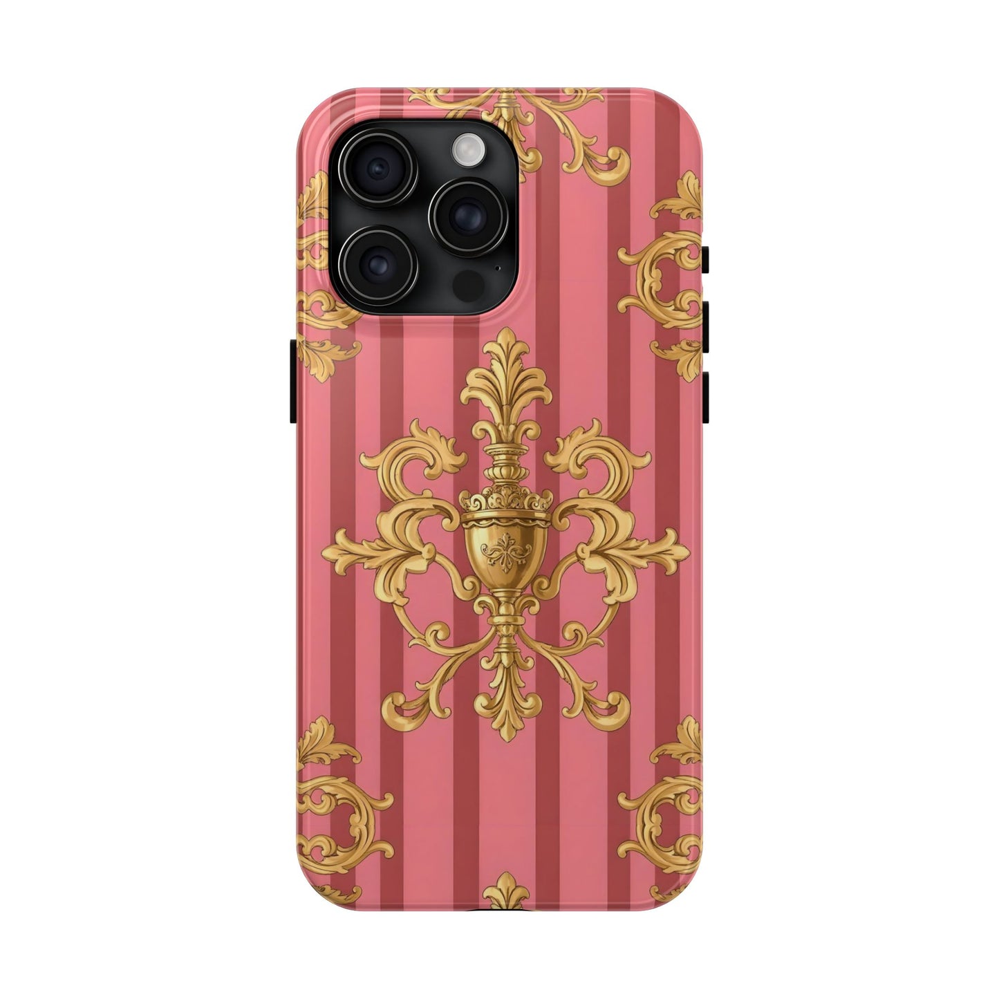 Elegant Baroque Tough Phone Cases, Durable Phone Cover, Stylish Accessory, Gift for Any Occasion - Pink Striped Gold Baroque