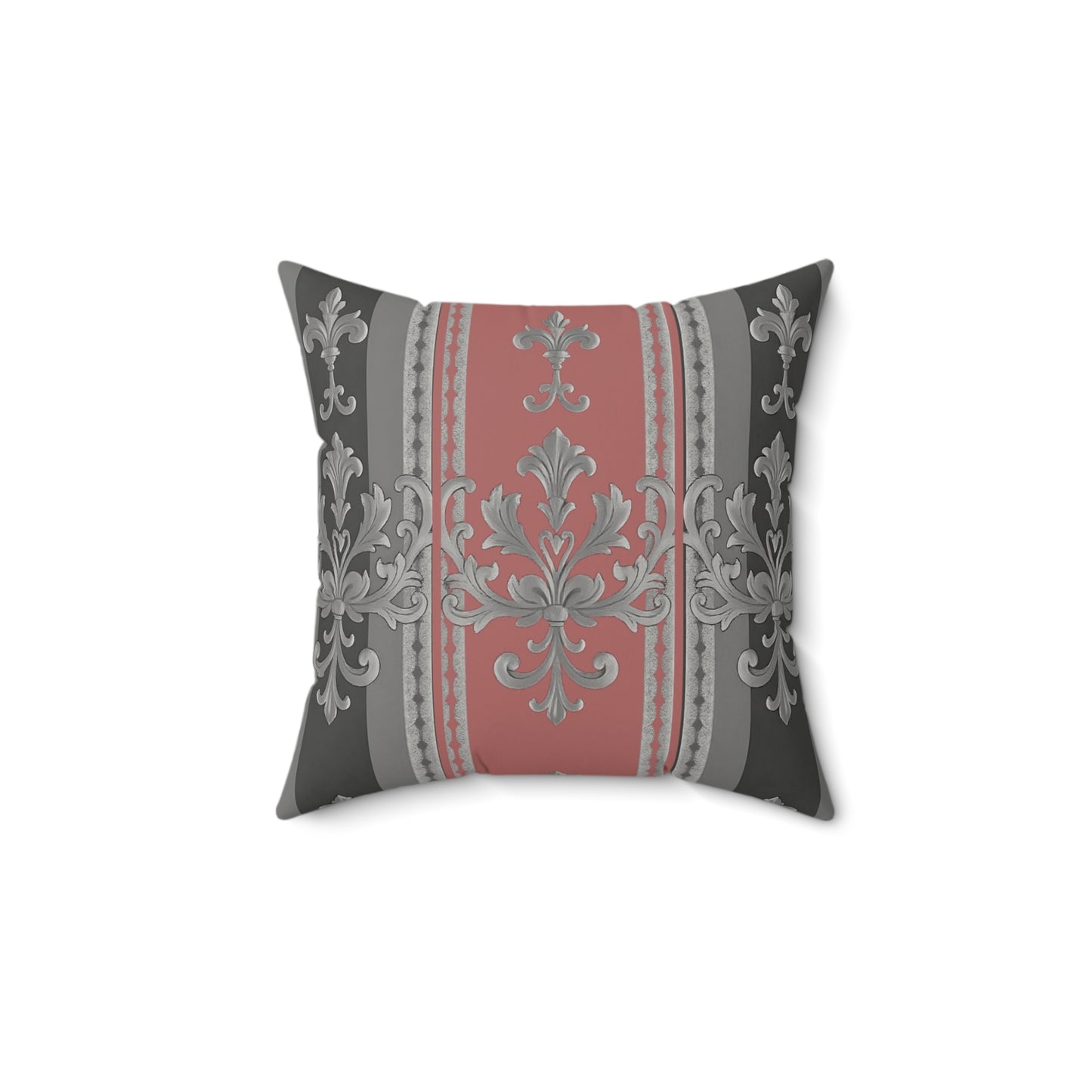 Elegant Faux Suede Square Pillow with Decorative Print - Gray & Mauve Striped Baroque