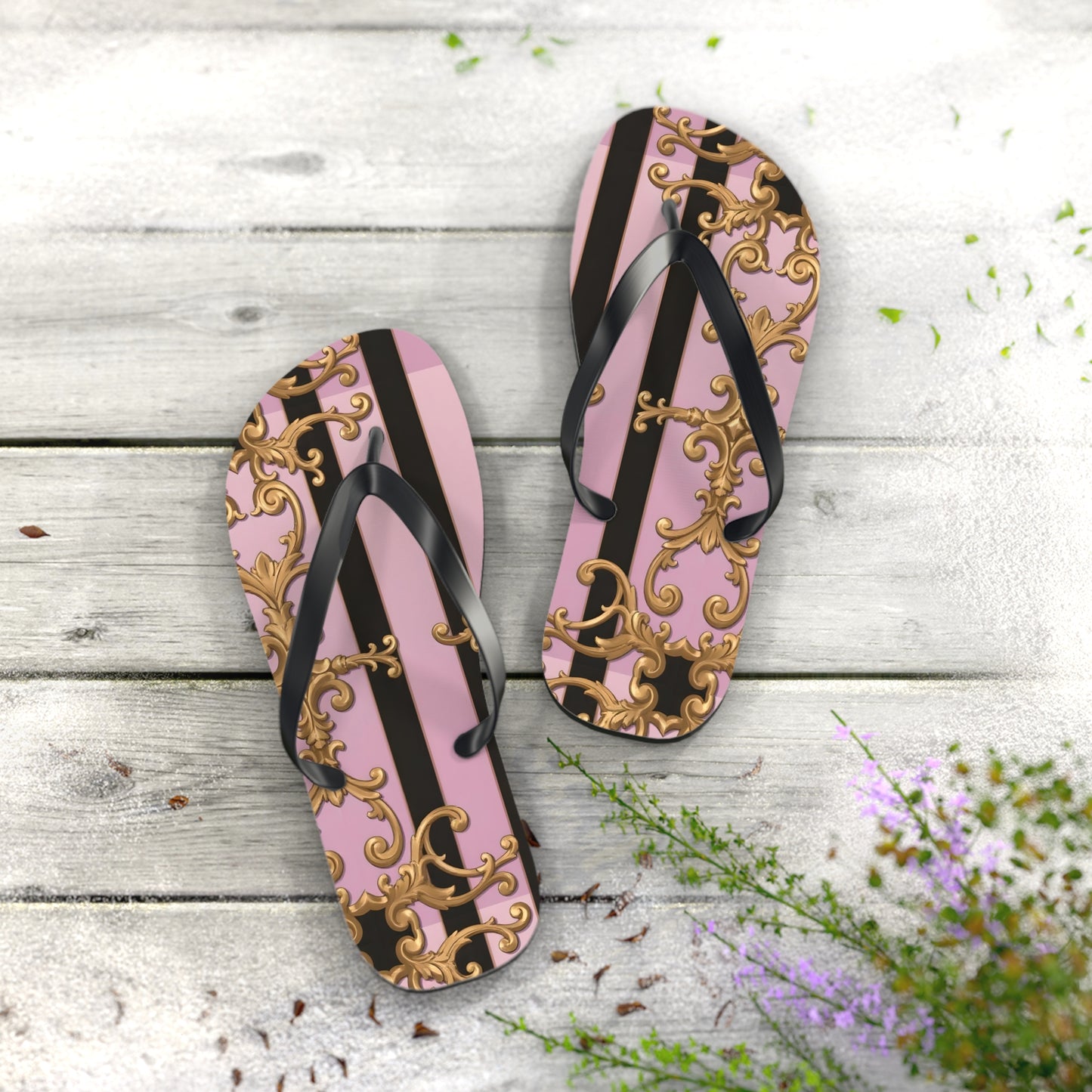 Chic Floral Flip Flops, Summer Sandals, Beach Footwear, Vacation Style, Poolside Essentials - Matte Lavender & Black Striped Gold Baroque