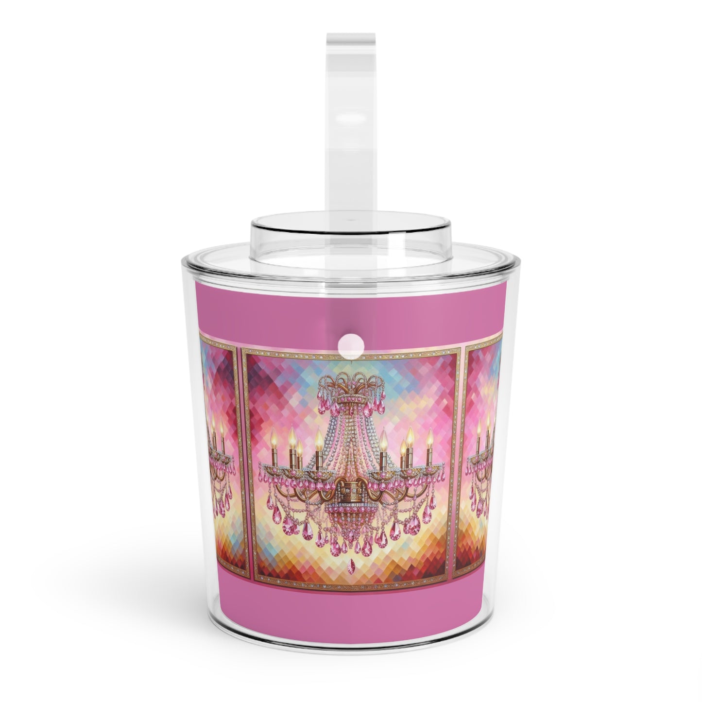 Chic Ice Bucket with Tongs, Elegant Barware for Parties, Glamour Gift for Celebrations, Decorative Beverage Cooler - Pink Jeweled Chandelier