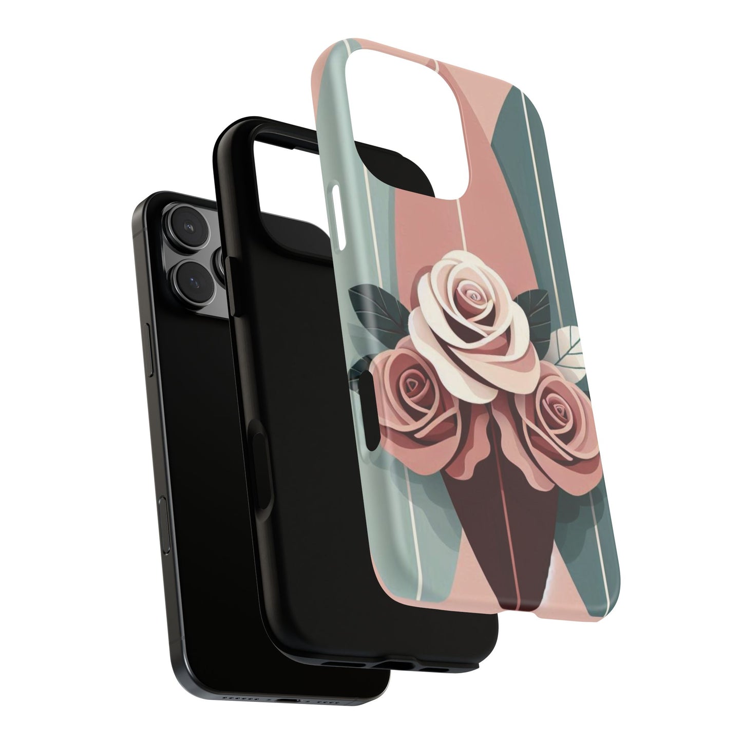 Phone Case - Burgundy, Matte Mauve & Teal Surfboard & Roses Design