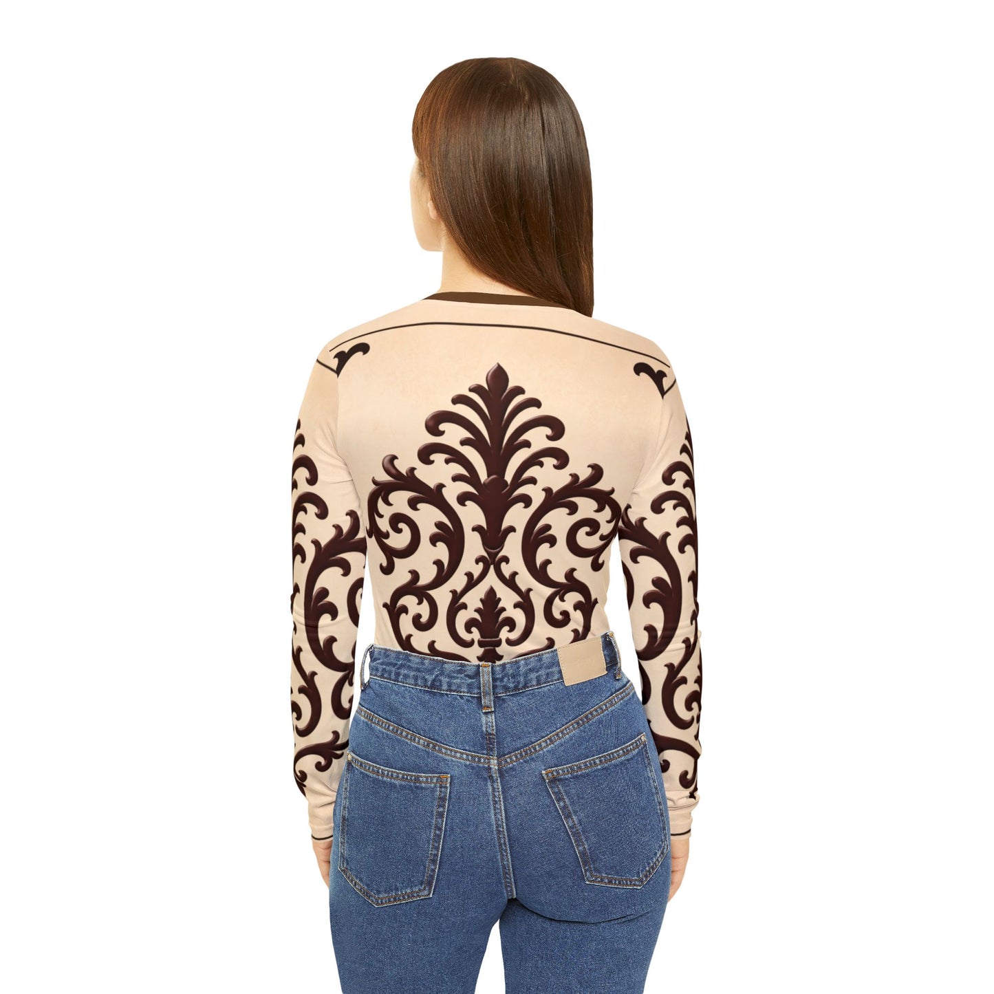 Almond-Beige & Brown Baroque Women's V-Neck Long Sleeve Shirt — Elegant Baroque Scroll Print