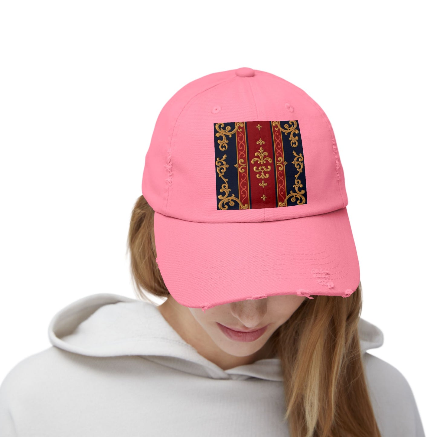 Vintage-Inspired Distressed Cap, Stylish Hat, Perfect Gift for Friends, Fashion Accessory, Unisex Headwear - Midnight Blue & Dusk Red Gold Baroque