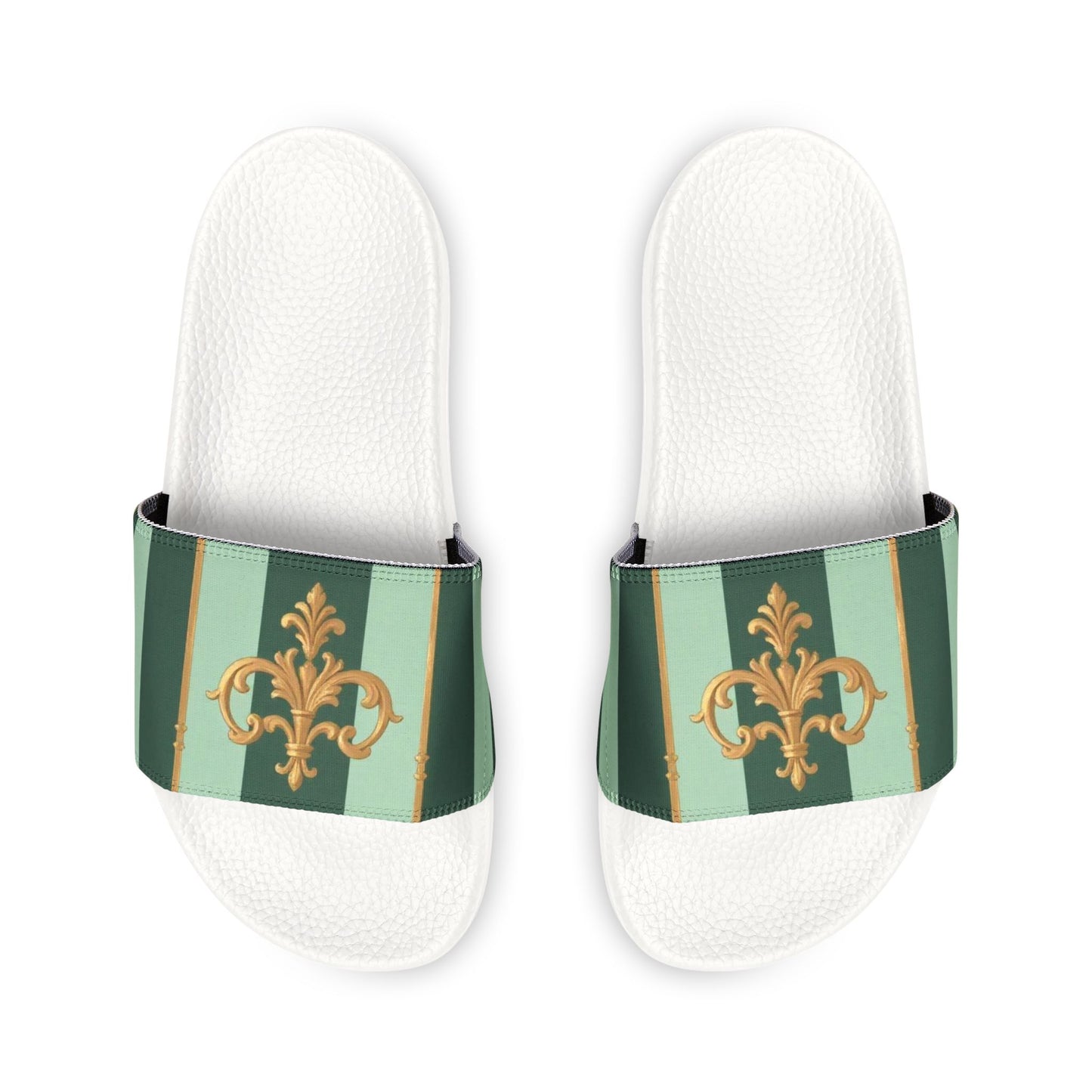 Chic Women's Sandals for Summer, Fashion Sandals, Stylish Beachwear, Casual Footwear, Vacation Slides - Mint Green & Teal Striped Gold Baroque