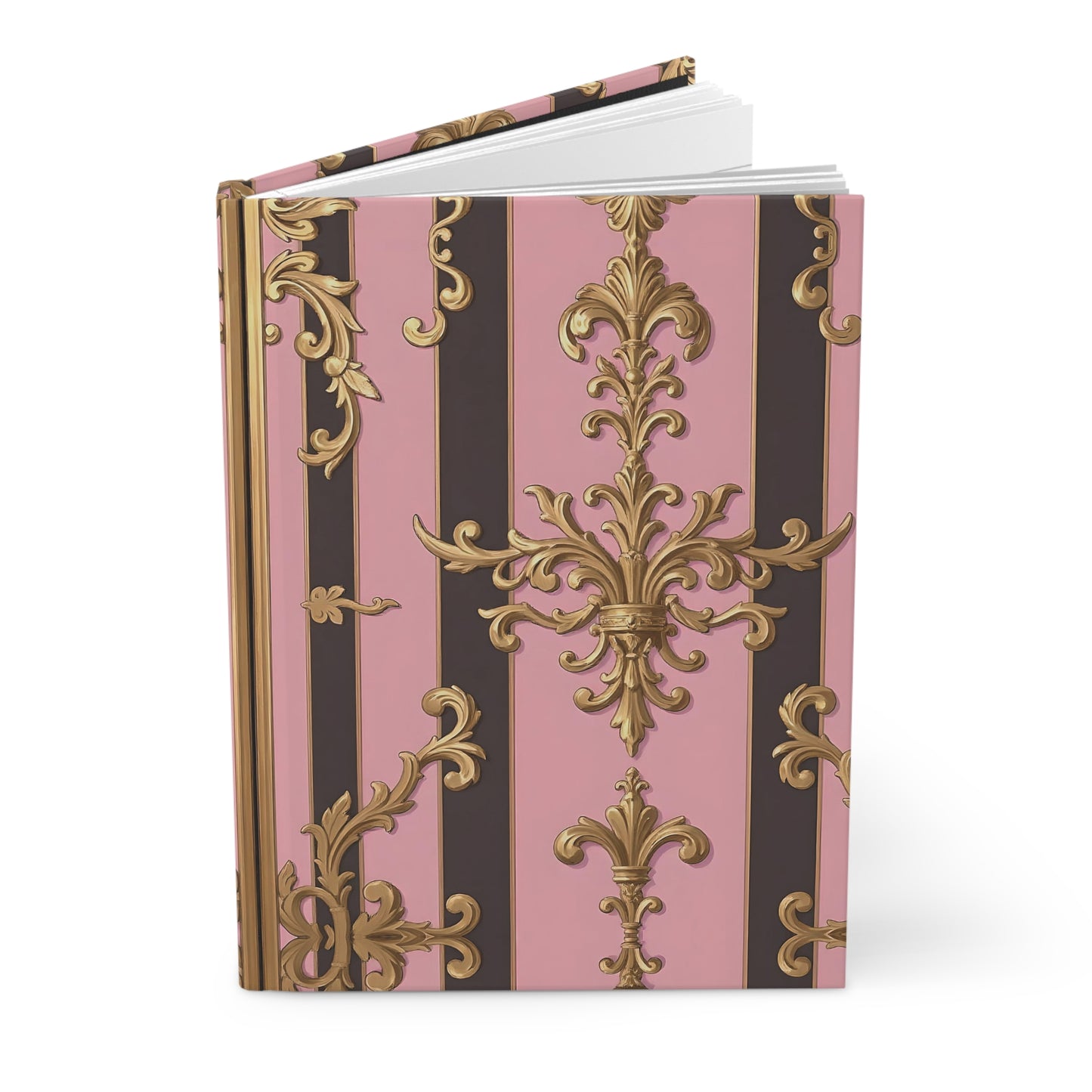 Elegant Floral Motif Hardcover Journal - Stylish Writing Notebook - Pink & Brown Striped Damask Design