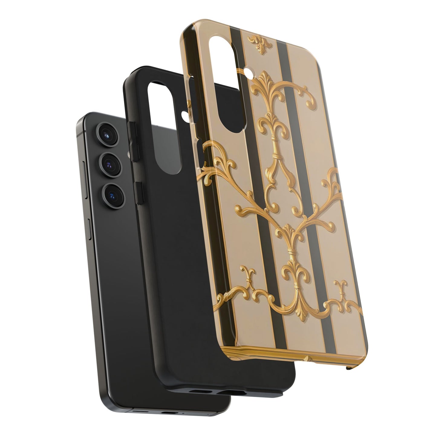 Elegant Vintage Tough Phone Case, Stylish Phone Cover, Boho Accessories, Perfect Gift for Her - Beige Striped Gold Rococo