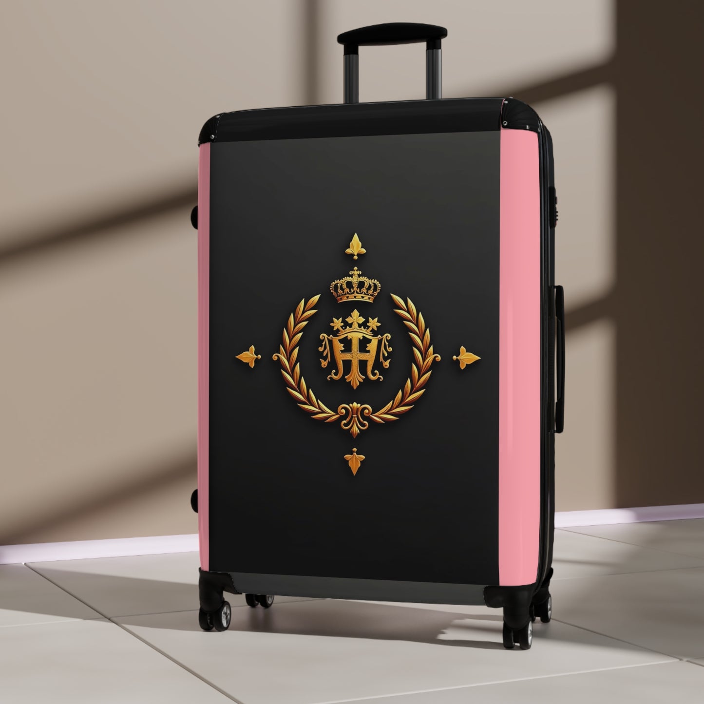 Regal Crown Suitcase, Stylish Travel Luggage, Vacation Essentials, Personalized Carry-On, Unique Gift for Travelers - Pink Striped Gold Crest