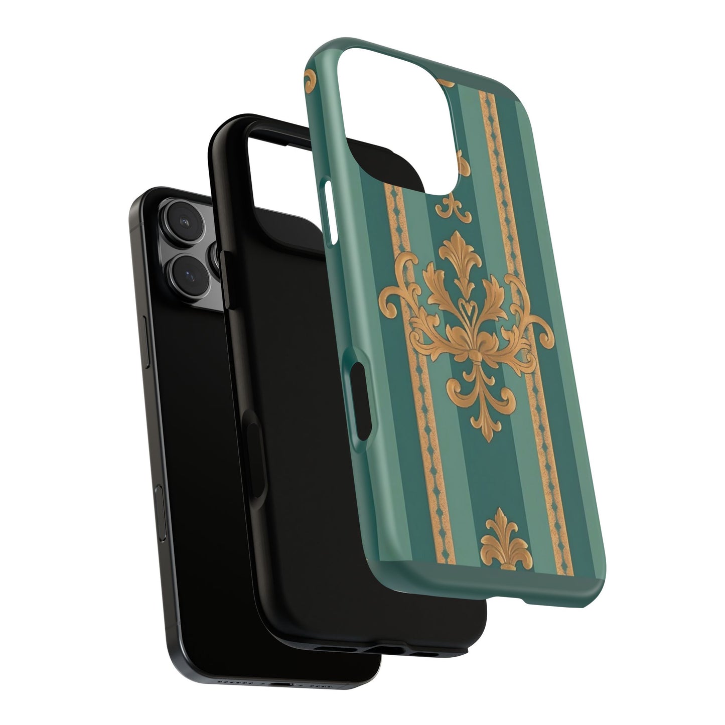 Elegant Floral Motif Phone Case - Tough Cases with Vintage Design - Teal Striped Gold Damask