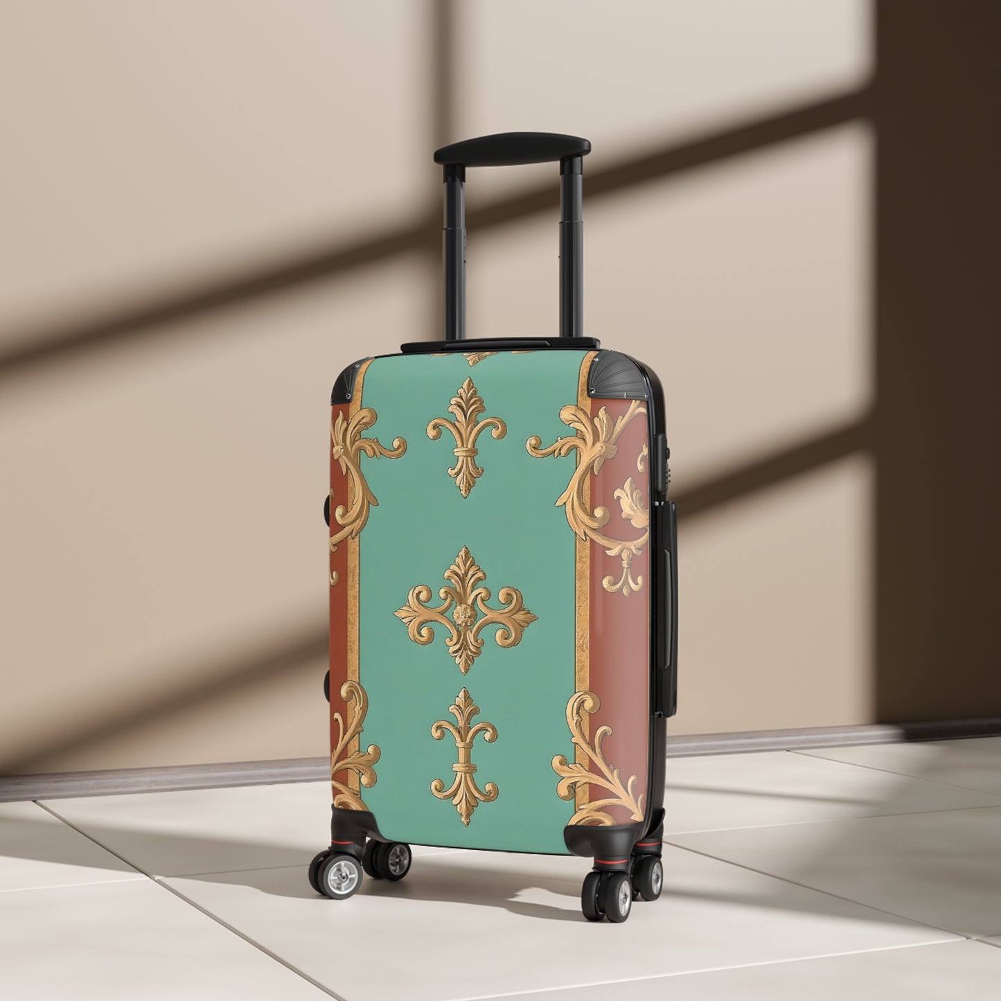 Elegant Travel Suitcase with Vintage Design - Rust & Mint Aqua Striped Baroque