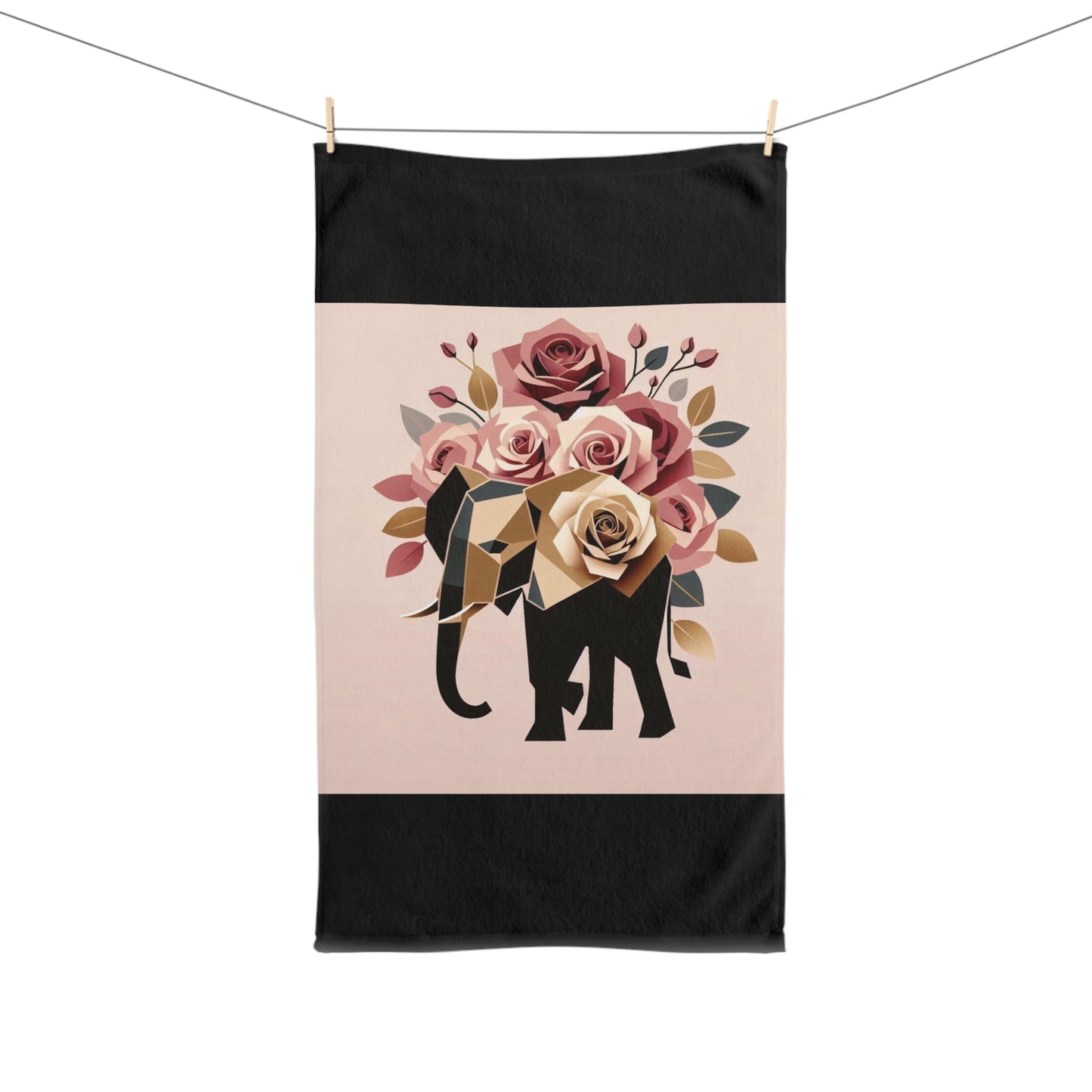 Hand Towel - Elegant Floral Roses & Elephant Design -  Black & Gold Home Decor & Gifts