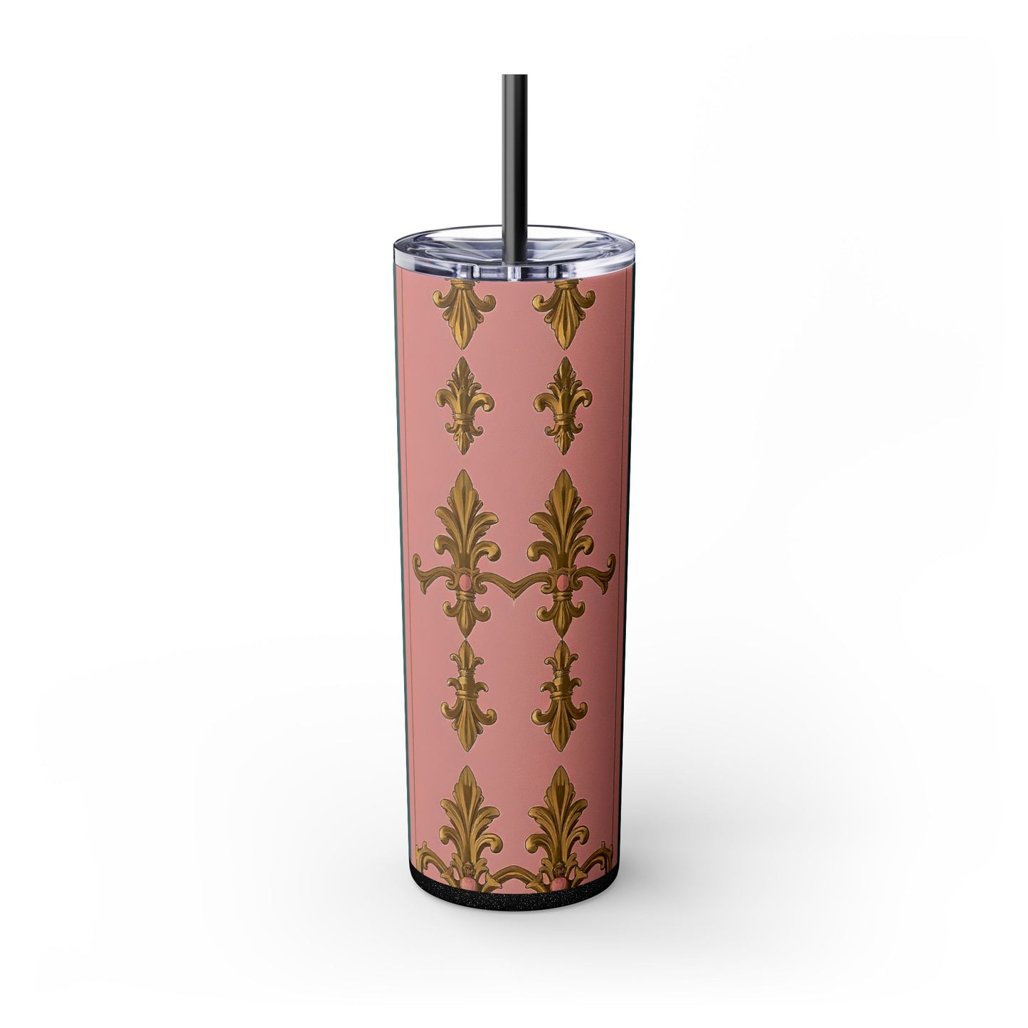 Elegant Pink and Green Skinny Tumbler with Straw, 20oz - Ideal for Gifts, Travel, Home, Events - Pink & Teal Striped Gold Baroque