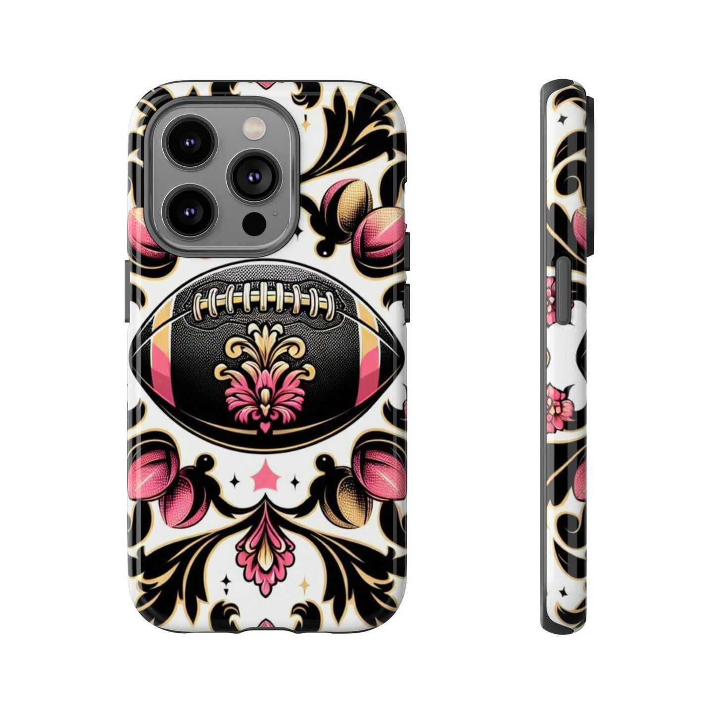 Elegant Floral Motif Phone Case - Tough Cases with Vintage Design - Damask White, Pink Gold & Black Football