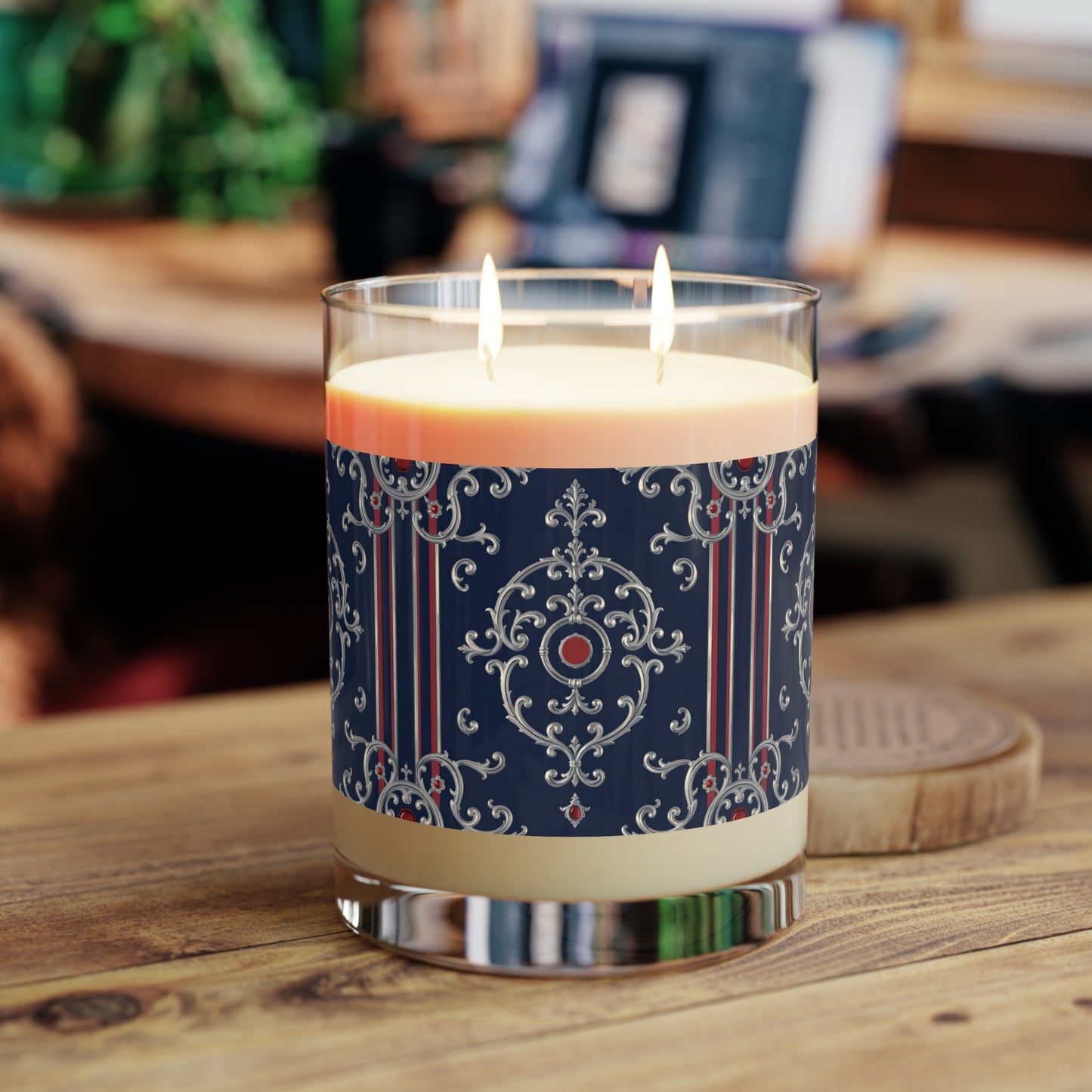 Elegant Aromatic Candle - Home Decor Gift, Relaxing Ambiance, Party Favors, Self-Care Moments - Blue & Red Striped Silver Baroque