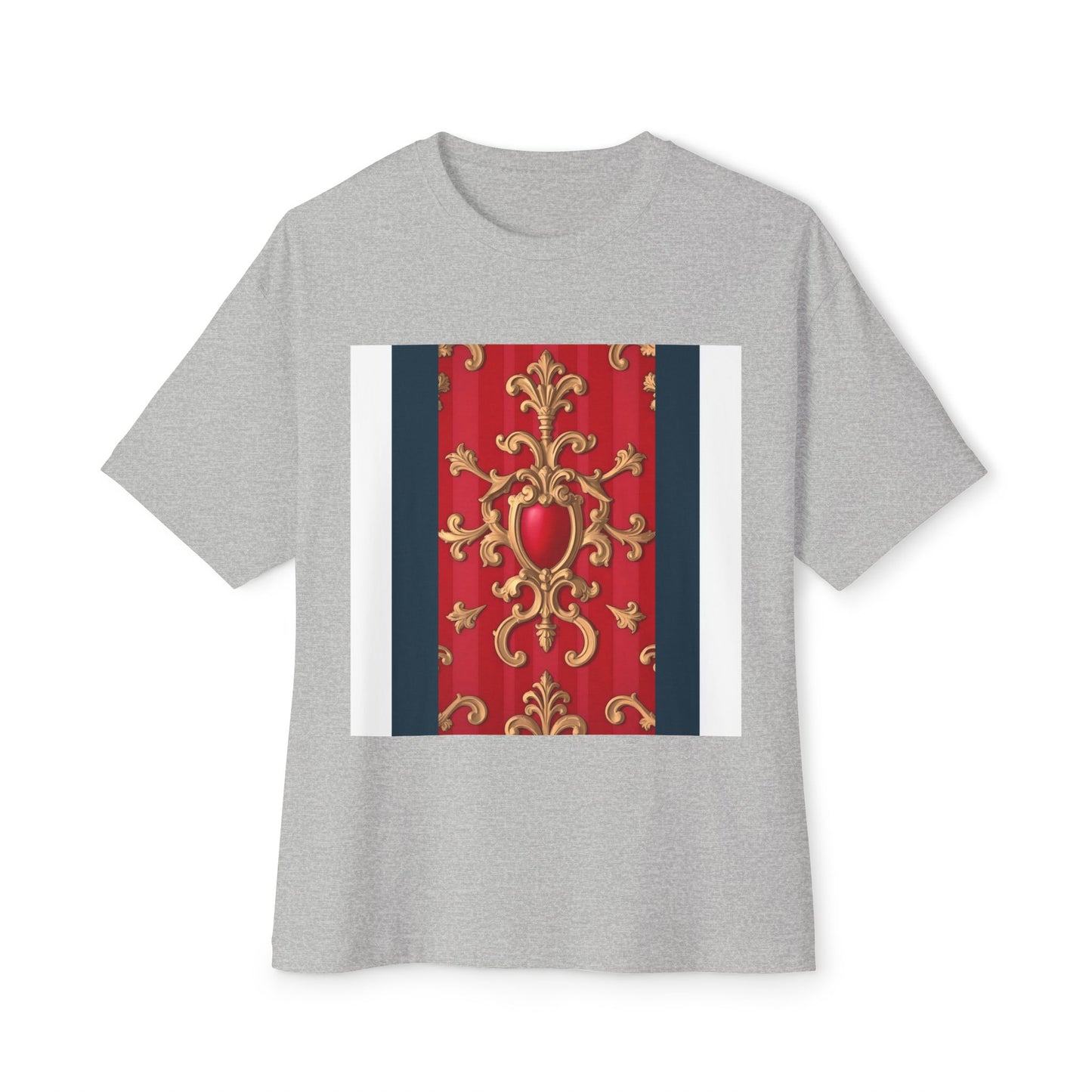 Elegant Vintage Design Oversized Tee, Boho T-Shirt, Festival Top, Unique Gift, Trendy Casual Wear - Blue, Red & White Striped Baroque