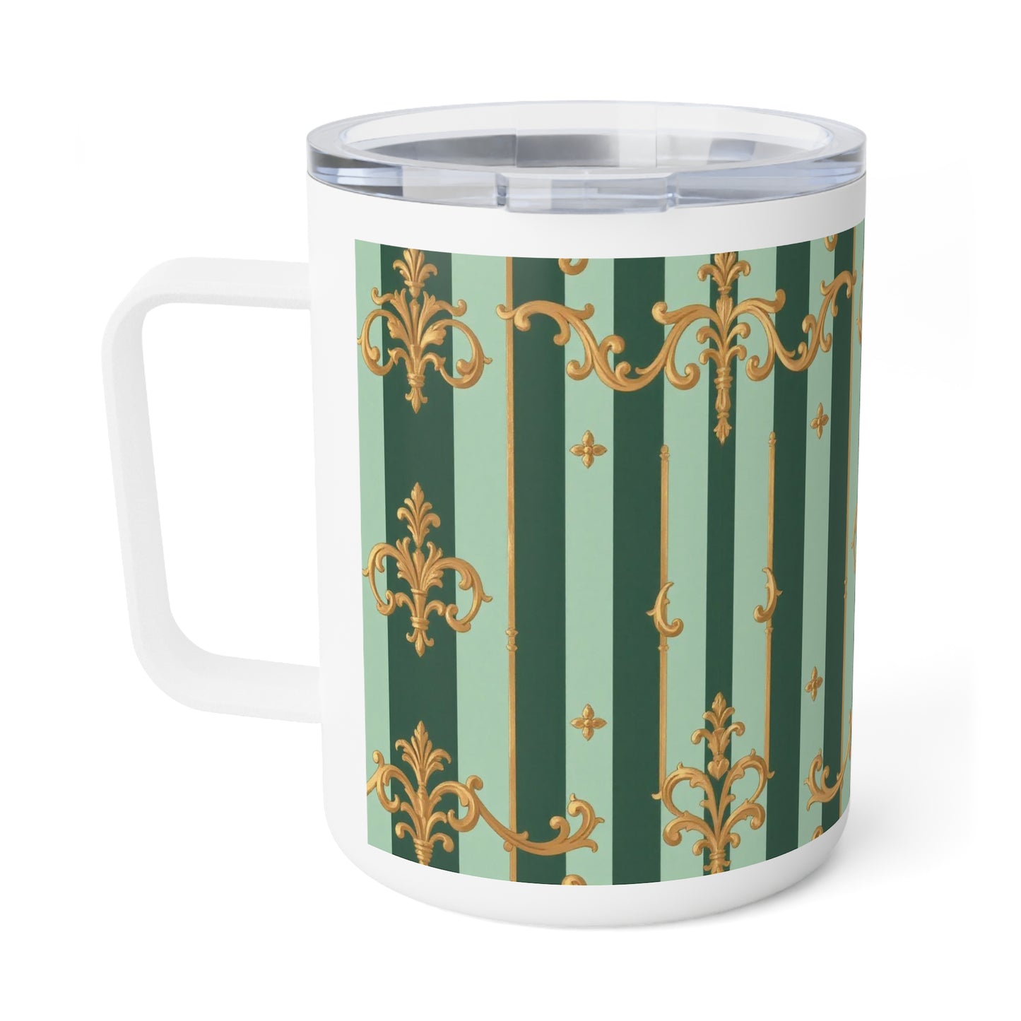Elegant Insulated Coffee Mug | Ideal for Home, Office, Gifts, Tea Lovers, Travel - Mint Green & Teal Striped Gold Baroque