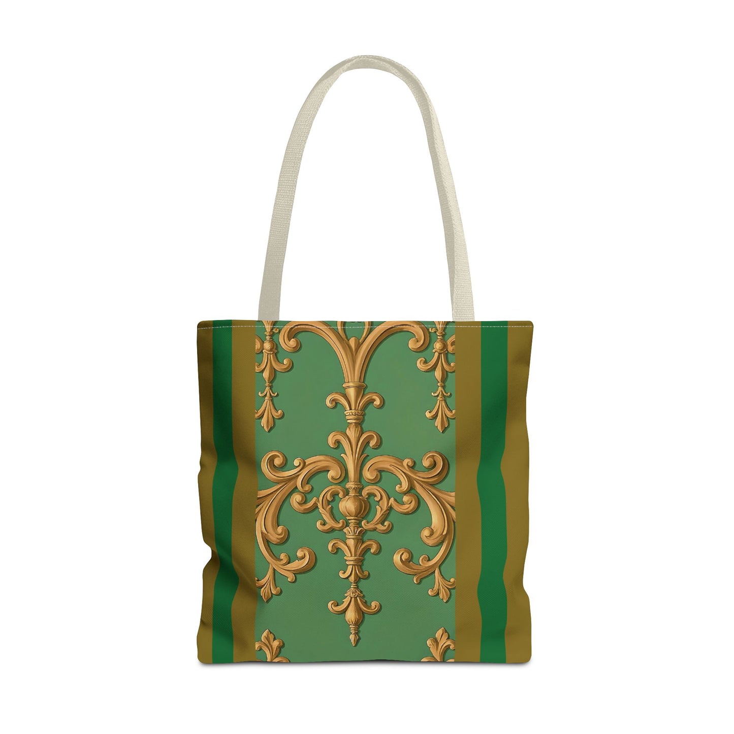 Ornate Floral Tote Bag, Chic Shopping Bag, Fashionable Eco Tote, Stylish Gift for Her, Versatile Everyday Use - Olive Green Striped Rococo
