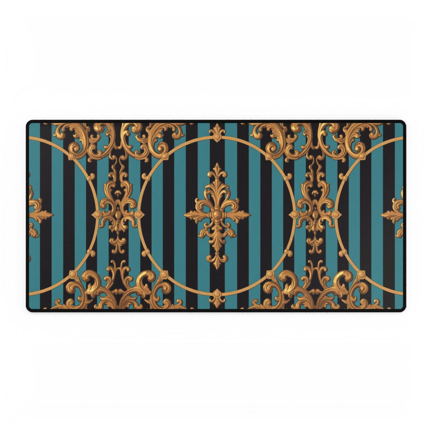Elegant Turquoise & Black Striped Gold Baroque Desk Mats for Home Office, Stylish Mouse Pads, Luxe Desk Decor, Gifts for Professionals