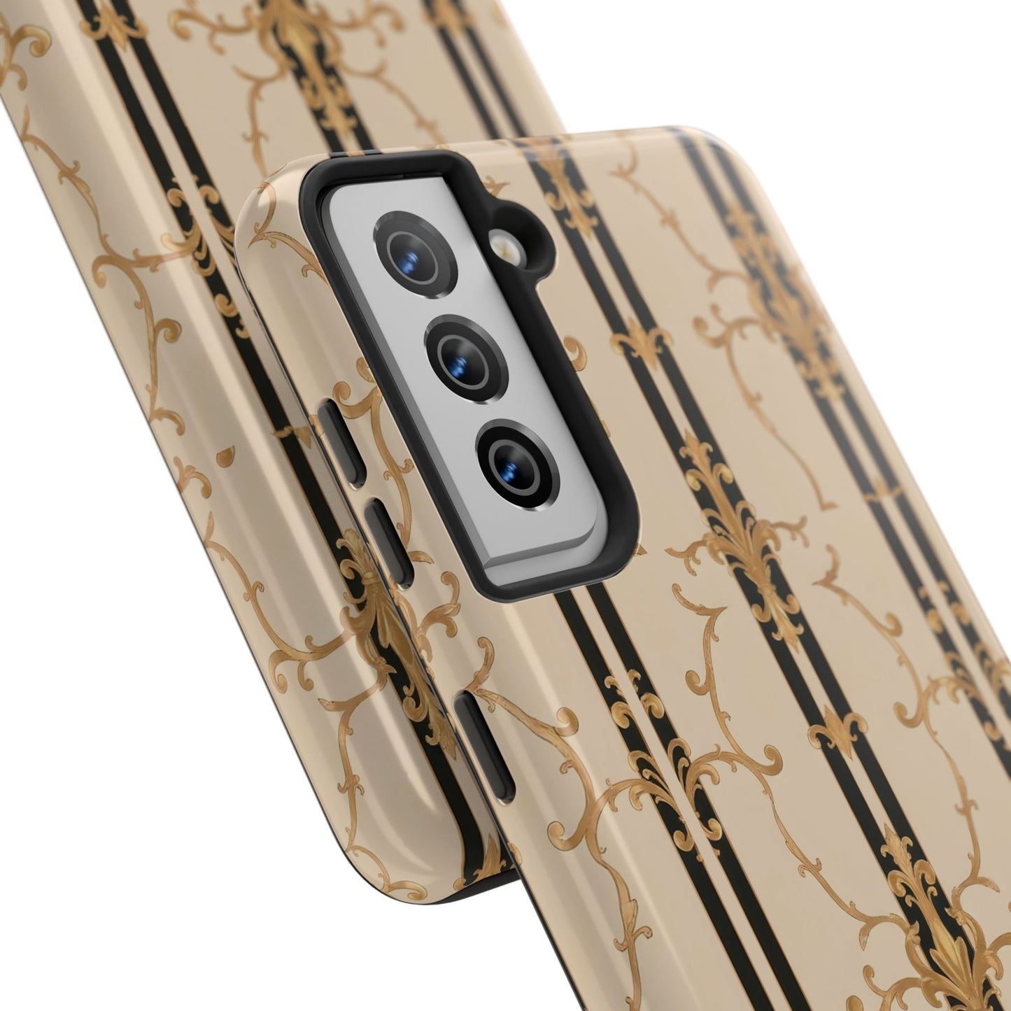 Elegantly Tough Phone Cases | Stylish Phone Covers, Durable Cases, Fashionable Accessories - Black & Beige Striped Damask