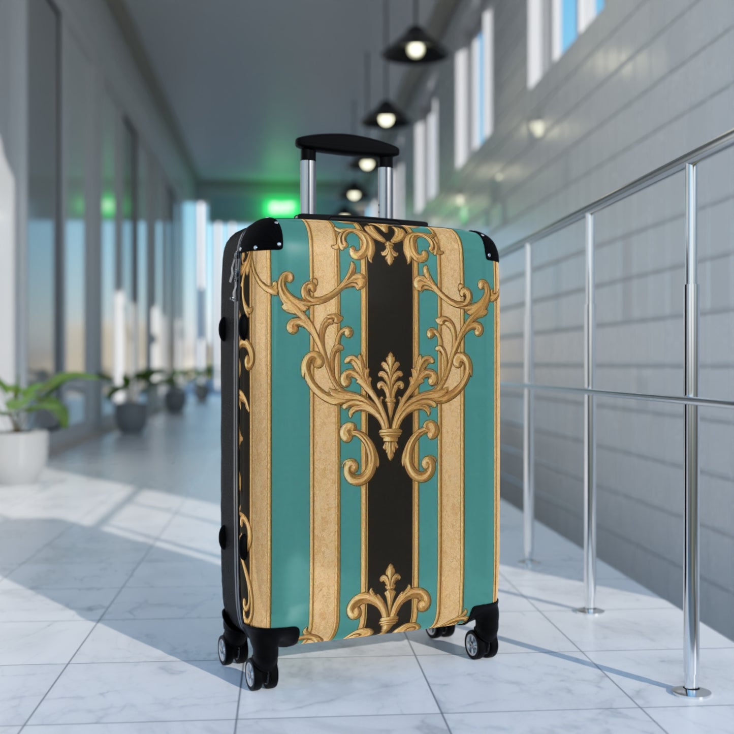 Stylish Black, Tan & Ocean Green Striped Gold Baroque Travel Suitcase, Luggage for Adventurers, Unique Gift for Travelers, Vintage Design