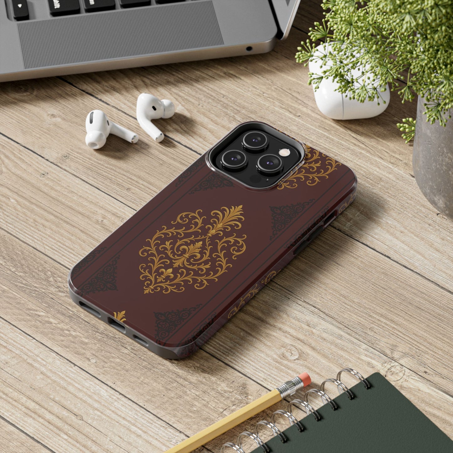 Dusk Burgundy-Black & Gold Baroque Tough Phone Case — Ornate Gold Baroque on Burgundy