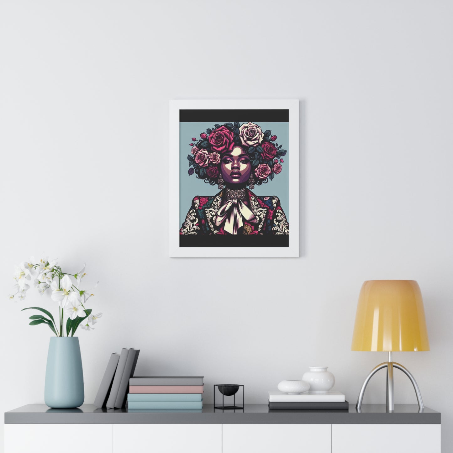 Vertical Poster -  Lady In Damask Suit & Roses Wall Art