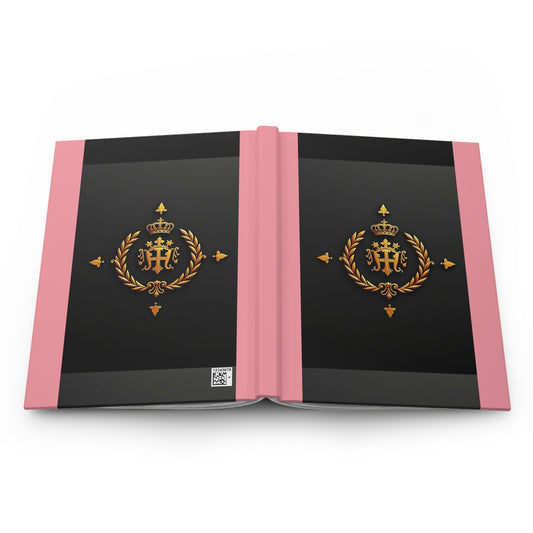 Elegant Hardcover Journal with Royal Crest Design, Perfect for Gifts, Stationery Lovers, Writing, Note-taking, Journaling - Pink Striped Gold Crest