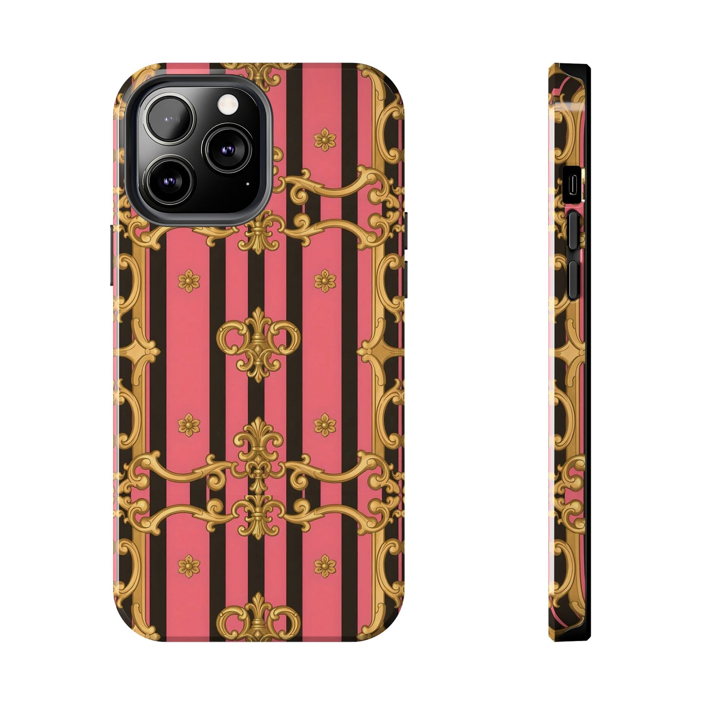 Elegant Baroque Tough Phone Cases, Stylish Protection, Gift for Her, Trendy Accessory - Pink & Black Striped Gold Baroque