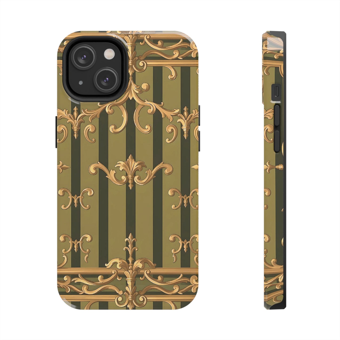 Elegant Vintage Phone Case - Tough Protection with Classy Design, Stylish Phone Cover for Fashion Lovers - Olive Green Striped Rococo